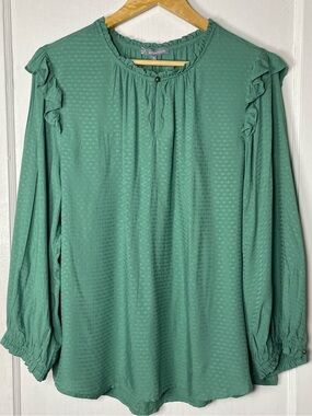 Wit & Wisdom Green Ruffle Blouse XL Textured Rayon Long Sleeve Boho NWT